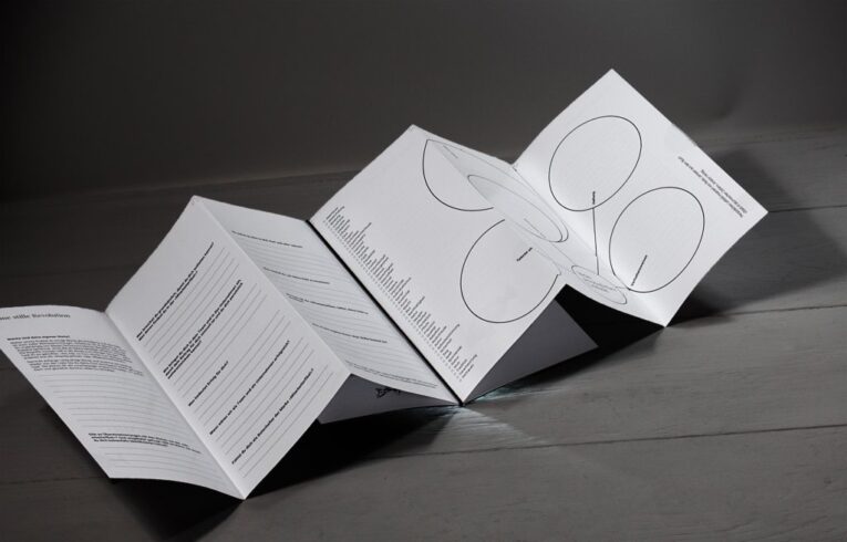 Broschüre mit Gummibandbindung aufgeschlagen