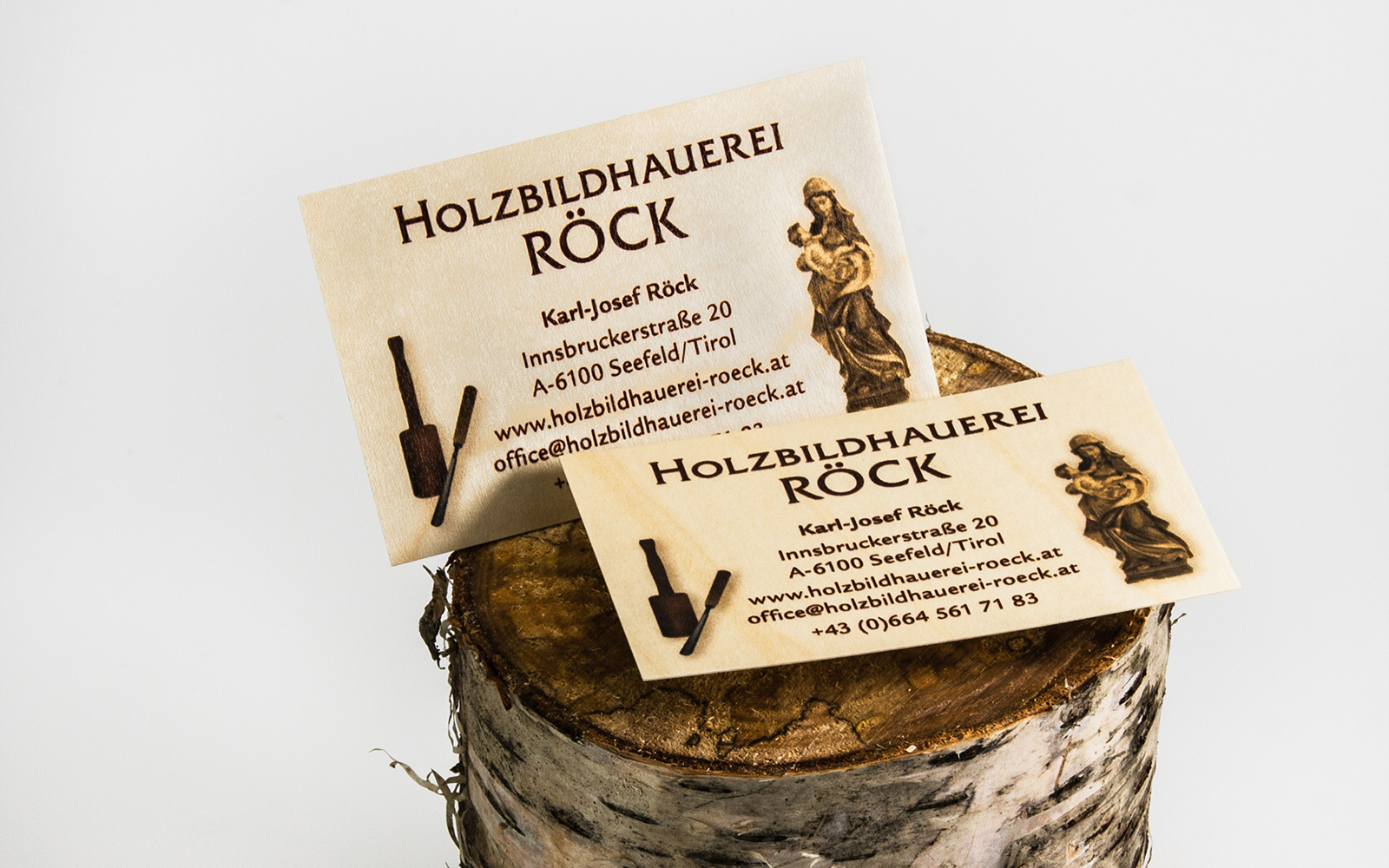 Vistenkarte für einen Holzbildhauer - Ahorn Furnier vierfarbig bedruckt